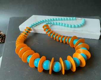 Chunky statement blue and orange oversize necklace, Style Iris Apfel, Brutalist Necklace of Bold Beads, 3D Printed Jewelry