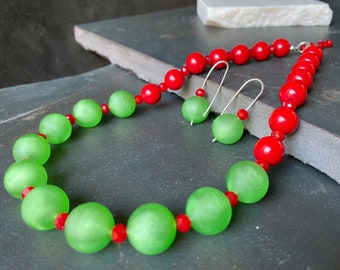 Unique Green and Red Jewelry Set - Maximalist Beaded Necklace with Sterling Silver Pendant Earrings - Inspired by Iris Apfel