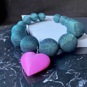 Brutalist 3D Printed Necklace with Blue Topaz and Pink Heart Pendant - Stand out with Unique Statement Jewelry