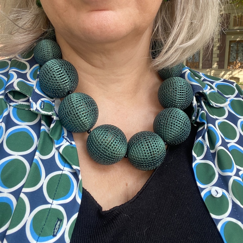Model with Unique Brutalist Statement Necklace with Green Filigree Beads - Maximalist Jewelry
 Handmade Detachable Pendant Necklace with 3D Printed Details - Bold Statement Piece