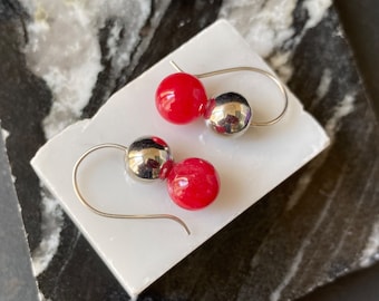 Bright red stone and sterling silver dangle 1960s earrings Style and Iris Apfel Jewelry, 70s Earrings MCM Statement