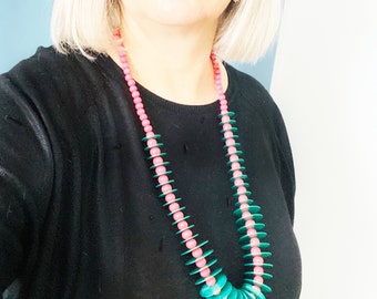 Modern Statement Necklace, Avant Garde Bib Necklace, Unusual Long Necklace, Emerald Green and Pink Wood Necklace