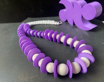 Brutalist Necklace 3D Printed Jewelry in White and Purple - Iris Apfel Statement Necklace Inspired by Retro Style