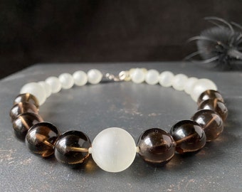 Iris Apfel Inspired Chunky Bead Necklace | Smoky Quartz and White Beads | Maximalist Mid Century Jewelry
