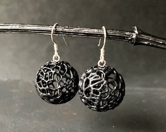 Sterling Silver Big Sphere Earrings, Lightweight Dangle Earrings, Black Bead 3D Printed Jewelry