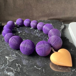 Bold Necklace Iris Apfel Maximalist Detachable Pendant Heart, 3d Printed Jewelry, Brutalist Necklace purple Beads and Big Orange Charm