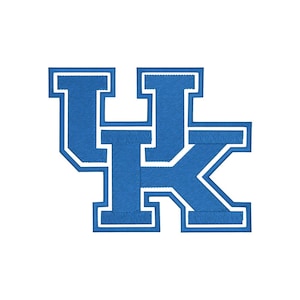 May include: A blue embroidered patch featuring the letters "UK" in a stylized design. The letters are in a bold, blocky font with a white outline, set against a white background. The patch is likely for apparel or accessories.