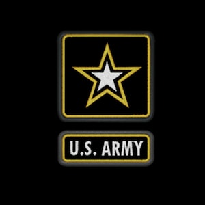 May include: A black embroidered patch featuring a white star outlined in gold within a square border, positioned above a rectangular black patch with the white text U.S. ARMY enclosed in a gold border, both with a black background.