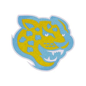 May include: Embroidered patch featuring a stylized jaguar head. The design showcases a yellow jaguar head with blue accents and a white border. The jaguar has spots, sharp teeth, and a fierce expression. Ideal for jackets, bags, or other fabric items.