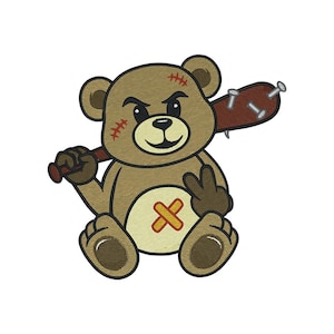 May include: Embroidered brown teddy bear with a baseball bat studded with nails. The bear has a stitched-up wound on its belly and head. It is giving a peace sign with one hand.