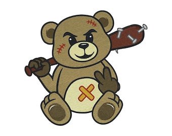 Puede incluir: Oso de peluche marrón bordado con un bate de béisbol tachonado de clavos. El oso tiene heridas cosidas en la cabeza y el vientre. Está haciendo la señal de la paz con una mano.