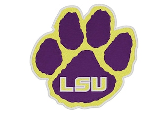 May include: Embroidered patch in the shape of a purple and yellow paw print. The letters "LSU" are embroidered in white within the paw print. The patch has a white border and is set against a white background.
