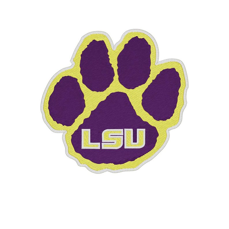 Peut inclure: &Eacute;cusson brod&eacute; en forme d'empreinte de patte violette et jaune. Les lettres "LSU" sont brod&eacute;es en blanc &agrave; l'int&eacute;rieur de l'empreinte. L'&eacute;cusson a une bordure blanche et est pos&eacute; sur un fond blanc.