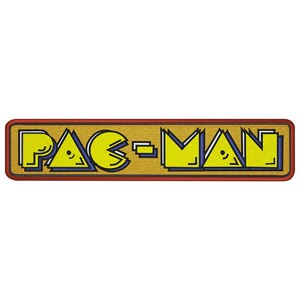 May include: Embroidered patch featuring the text "PAC-MAN" in yellow, blue, and white. The design is on a rectangular gold background with a red border. The letters have a retro video game aesthetic.