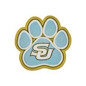 May include: An embroidered patch in the shape of a paw print featuring light blue pads outlined in white and a gold border. The center pad displays the letters SU in a bold white font with a gold outline, creating a distinct collegiate design.