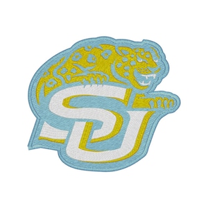 May include: Embroidered patch with a yellow jaguar design on a light blue background. The letters "SU" are in white with a yellow outline. The patch has a light blue border.