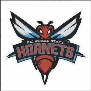 May include: Embroidered patch featuring a stylized hornet with black, red, and blue accents. The text "DELAWARE STATE HORNETS" is displayed on a black banner. The patch has a white border.