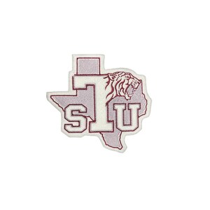 May include: A maroon and white embroidered patch in the shape of the state of Texas. The patch features the letters "S", "T", and "U" in white, along with a tiger head and the outline of the state. The patch has a white border.