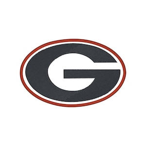May include: Embroidered patch featuring the letter "G" in a dark gray oval with a red and black border. The design is a classic collegiate logo, perfect for apparel or accessories.