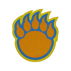 Pode incluir: Um emblema bordado em forma de pegada de pata de urso. O design apresenta uma grande almofada central laranja com cinco almofadas de garra laranja menores acima, todas contornadas em azul e finalizadas com uma costura de borda amarela.