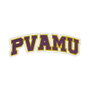 May include: Embroidered patch featuring the text "PVAMU" in a curved, arched design. The letters are purple with a gold outline and a white border, set against a white background. Ideal for apparel or accessories.