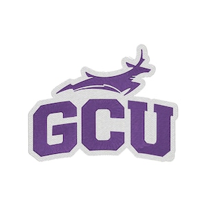 May include: Embroidered patch featuring the letters "GCU" in purple, with a leaping antelope above. The patch has a white border and is designed for application on clothing or accessories. The design is a school or team logo.