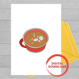 Tarjeta para todas las ocasiones con gato nadando en café / Descarga instantánea en PDF / Plantilla de tarjeta en blanco