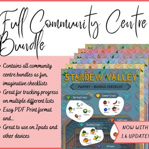 Peut inclure: Une liste de contrôle imprimable pour le jeu vidéo Stardew Valley. La liste de contrôle est conçue pour aider les joueurs à suivre leur progression dans la réalisation des lots du Centre communautaire. La liste de contrôle comprend des sections pour les cultures de printemps, d'été, d'automne et de qualité. La liste de contrôle comprend également une note indiquant qu'elle est mise à jour pour la version 1.6 du jeu.