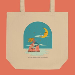 Tea With The Moon Tote Bag, Whimsical Canvas Tote