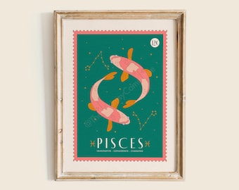 May include: A green and pink illustrated poster with two fish swimming in a circle. The poster has the text "Pisces" and "Imaginative, considerate, charming" on it. The poster is framed in a light brown frame.