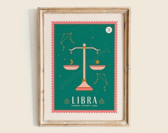 Znak zodiaku Libra wydruk artystyczny, plakat zodiaku Libra, niebiańska sztuka ścienna, sztuka ścienna zodiaku, dekoracja ścienna zodiaku Libra