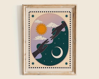 Sun & Moon Art Print, Celestial Poster, Home Decor, Illustrated Room Decor, Colorful Whimsical Wall Art
