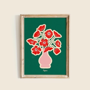 Poppies Art Print, Colorful Floral Poster, Poppy Illustration, Botanical Wall Decor, Flower Art