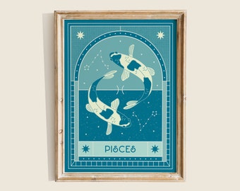 May include: A blue and white illustrated print of two fish swimming in a circle with stars and the word "Pisces" in the center. The print is framed in a light wood frame.