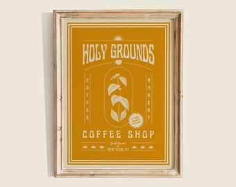 Holy Grounds Coffee Shop Art Print, Coffee Lovers Poster Design, Kitchen Art Print, Whimsical Room Decor, Wall Art