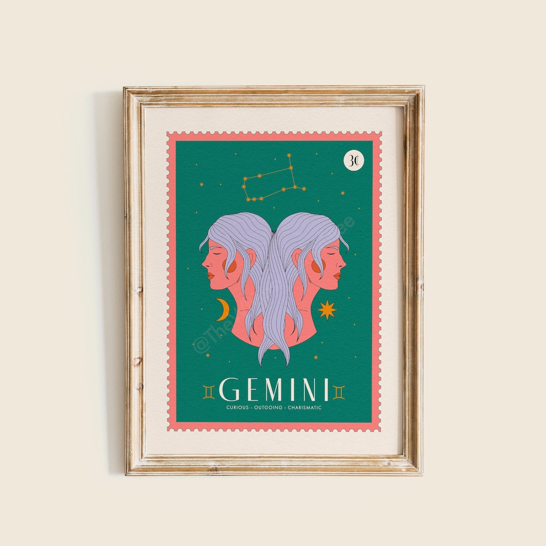 Gemini Star Sign Art Print, Gemini Zodiac Poster, Celestial Wall Art