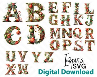 Weihnachten Alphabet Cliparts, Festliche Aquarell Buchstaben, Urlaub Ornament PNG (Digitaler Download)