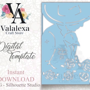 Puede incluir: Una plantilla digital azul claro con la silueta de una persona con sombrero y flores. La plantilla incluye el texto "Digital Template" y "Instant Download" con el logotipo de Valalexa Craft Store.