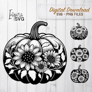 May include: Black and white pumpkin SVG design with sunflower and leaf details. Includes three additional pumpkin designs. The text "Digital Download SVG - PNG FILES" is displayed at the top. The text "Inspira SVG" is displayed on the left.