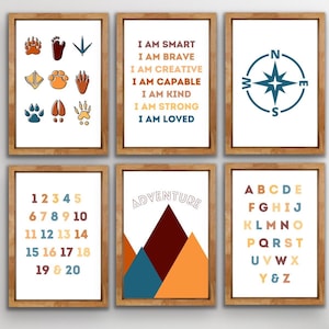 Yellow, Orange, Blue | Adventure Nursery, Playroom, Set of 6, Digital Print, Mountains, Affirmations, Kids, Babies, Animal Prints,