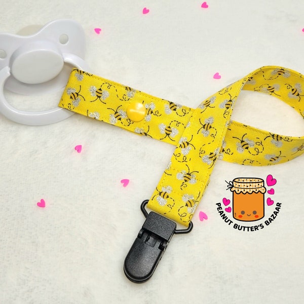 Glittery Busy Bumblebees ~Snap Version~ ADULT Pacifier Clip (long length) for Adult Baby/Littles ABDL