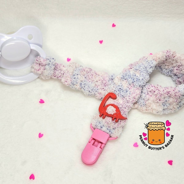 Lilac Frosting wirh Dino Button Super Soft Fuzzy Crochet ADULT Pacifier Clip (long length) for Adult Baby/Littles ABDL