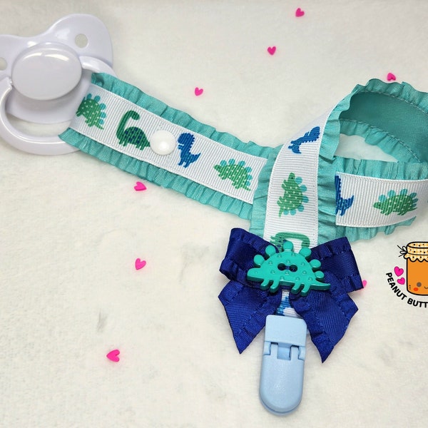 Teal Dinosaurs ~Snap Version~ ADULT Pacifier Clip (long length & single sided) for Adult Baby/Littles ABDL