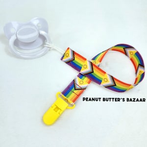 Intersex-Inclusive Progress Pride Ribbon Pacifier Clip ~ADULT SIZE~ Double Sided Print & Loop Style Attchment | Adult Babies | Littlespace