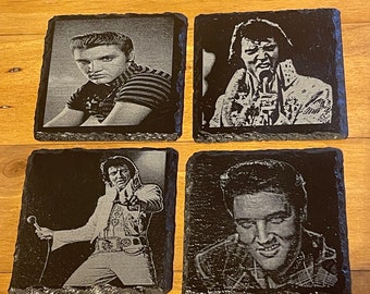 Elvis Presley Set of Four Slate Coasters - King Rock & Roll Laser Engraved Slate Coasters | Music Legend Gifts and Home Decor Secret Santa