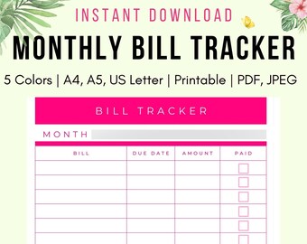 Monthly Bill Tracker Printable-Rose Garden Color Collection | Bill Checklist | Budget Planner | US Letter A4 A5 | Instant Download
