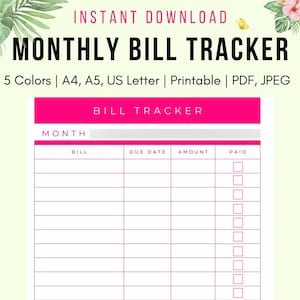 Monthly Bill Tracker Printable-Rose Garden Color Collection | Bill Checklist | Budget Planner | US Letter A4 A5 | Instant Download