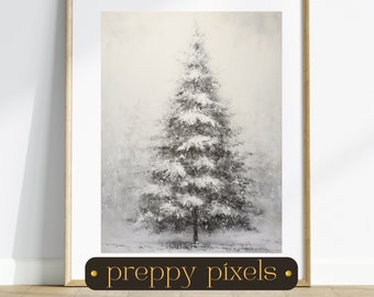 May include: A framed black and white painting of a snow-covered pine tree in a wintery landscape. The painting is titled "preppy pixels".