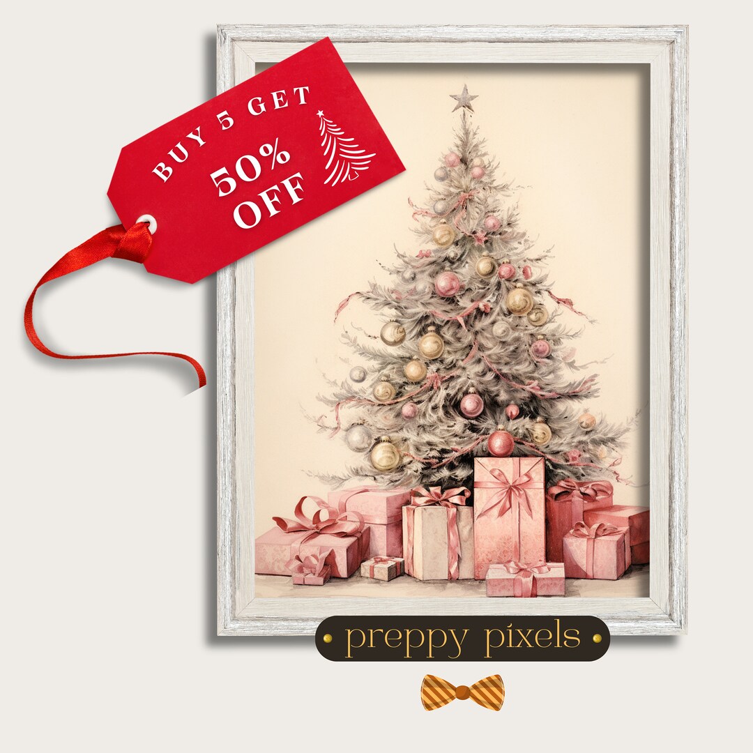 Vintage Pink Christmas Tree on Rustic Background Wall Art Pine Tree Printable Xmas Art Simple