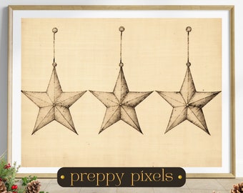 May include: Three vintage-style, star-shaped ornaments hanging from strings. The stars are drawn in black ink on a beige background. The text "preppy pixels" is printed in black at the bottom of the image.